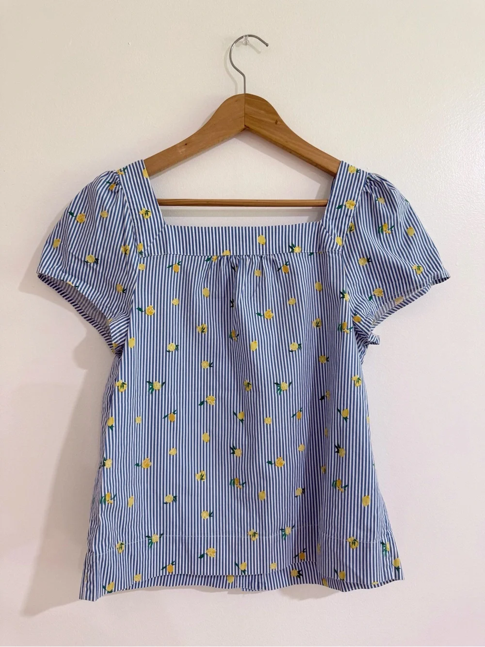 J.Crew Lemon Print Blue Stripe Square Neck Blouse XS
